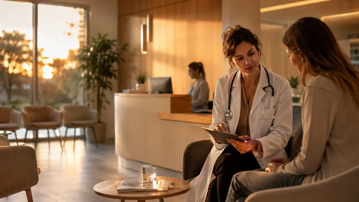 Médecin présentant une tablette à une patiente, à l’accueil du cabinet
