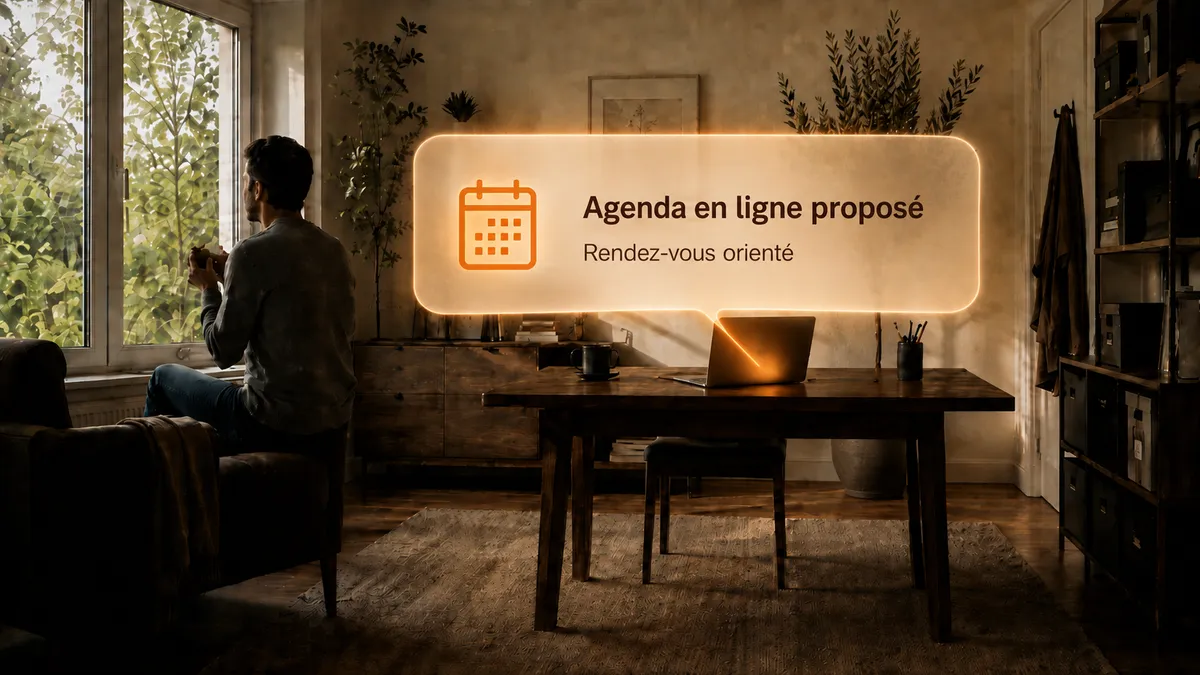 Pause déjeuner, l’ordinateur affiche : agenda en ligne proposé, rendez-vous orienté