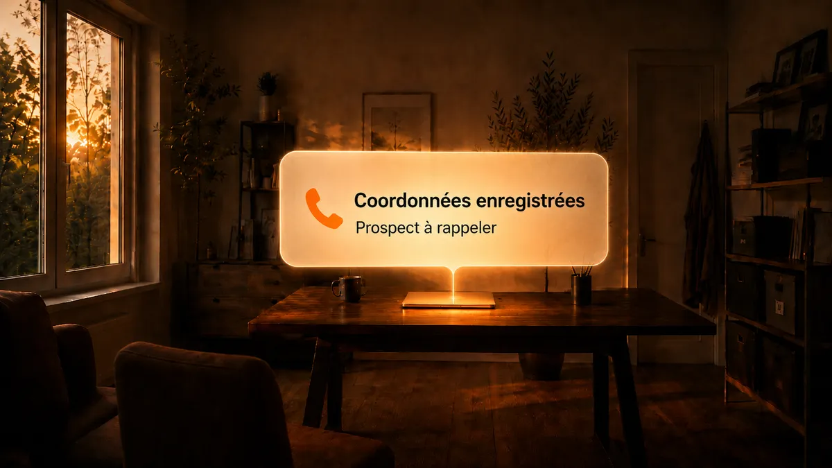Bureau fermé au coucher du soleil, notification : coordonnées enregistrées, prospect à rappeler