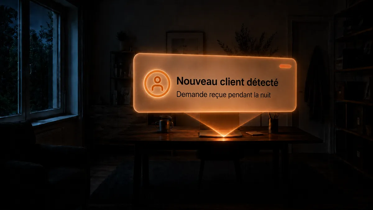 Bureau éteint en pleine nuit, notification : nouveau client détecté, demande reçue pendant la nuit